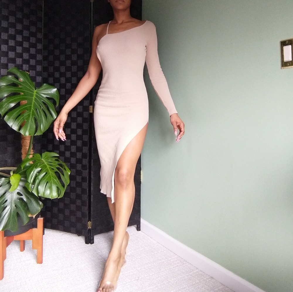 Women's nude one shoulder long sleeve hera collection high slit dress